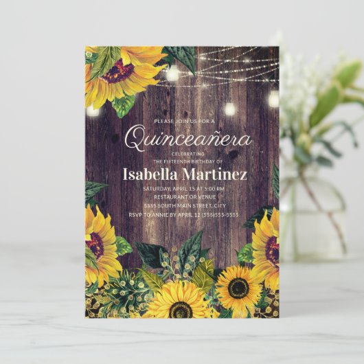 Rustic Sunflower String Lights Quinceañera 15th Kaart (Staand voorkant)