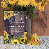 Rustic Sunflower String Lights Quinceañera 15th Kaart