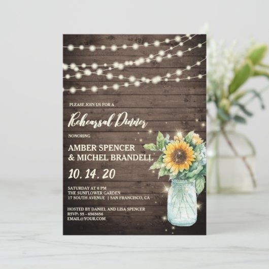 Rustic Sunflower String Lights Rehearsal Dinner Kaart (Staand voorkant)