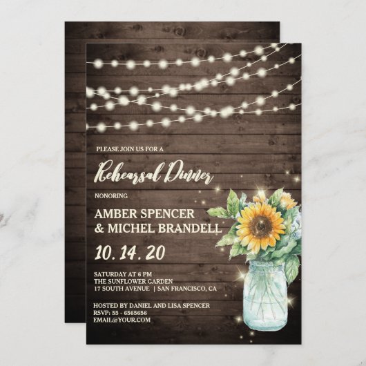 Rustic Sunflower String Lights Rehearsal Dinner Kaart (Voorkant / Achterkant)