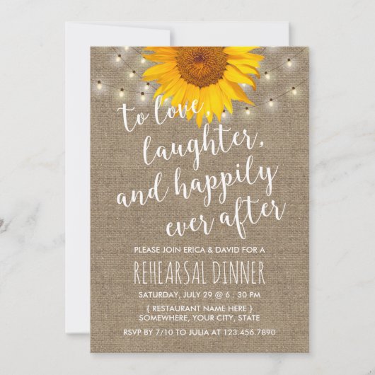 Rustic Sunflower String Lights Rehearsal Dinner Kaart (Voorkant)