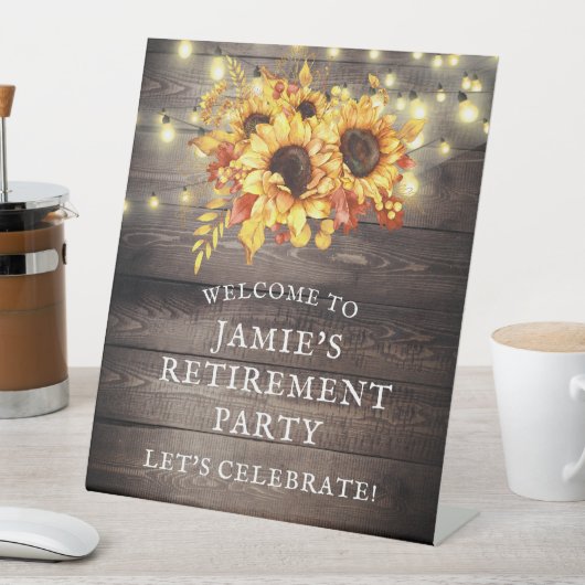 Rustic Sunflower String Lights Retirement PartY Reclamebord Met Voetstuk (Insitu)