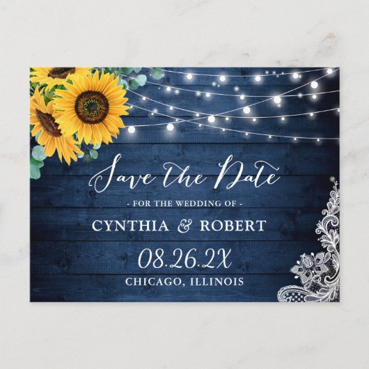Rustic Sunflower String Lights Save the Date Briefkaart (Voorkant)