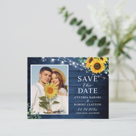 Rustic Sunflower String Lights Save the Date Briefkaart (Staand voorkant)