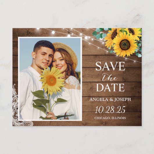 Rustic Sunflower String Lights Save the Date Photo Briefkaart (Voorkant)