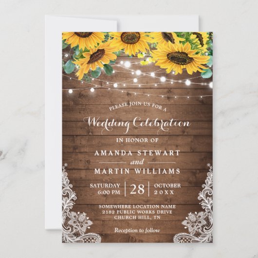 Rustic Sunflower String Lights Summer Fall Wedding Kaart (Voorkant)