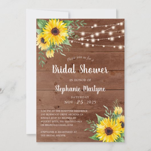 Rustic Sunflower String Lights Vrijgezellenfeest Kaart (Voorkant)