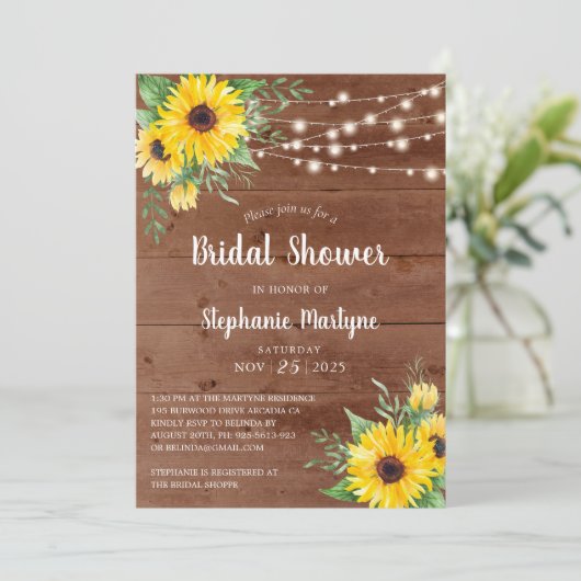 Rustic Sunflower String Lights Vrijgezellenfeest Kaart (Staand voorkant)