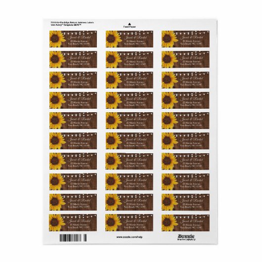 Rustic Sunflower String Lights Wedding Address Etiket (Full Sheet)