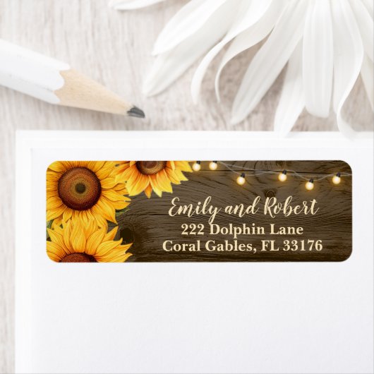 Rustic Sunflower String Lights Wedding Address Etiket (Insitu)