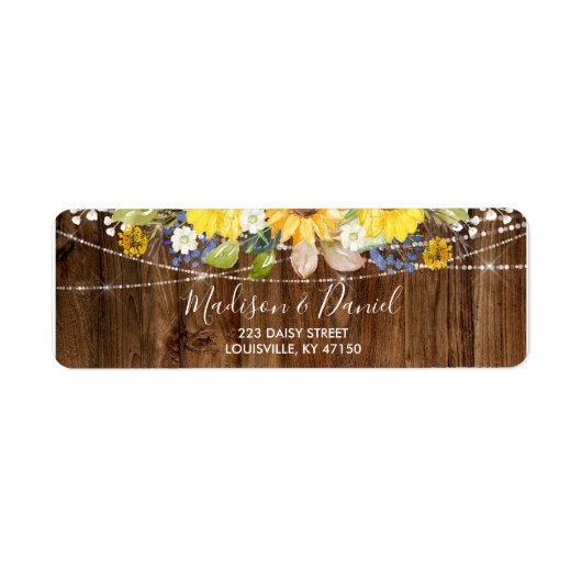 Rustic Sunflower String Lights Wedding Address Etiket (Voorkant)