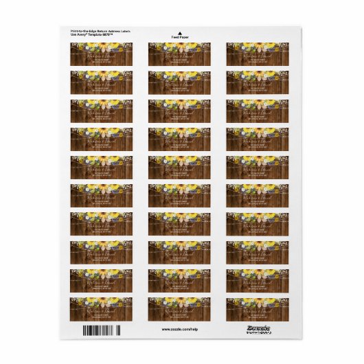 Rustic Sunflower String Lights Wedding Address Etiket (Full Sheet)
