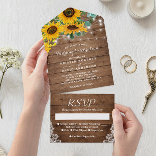 Rustic Sunflower String Lights Wedding All In One Uitnodiging