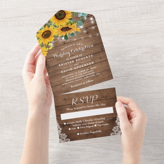 Rustic Sunflower String Lights Wedding All In One Uitnodiging (Afscheurbaar)