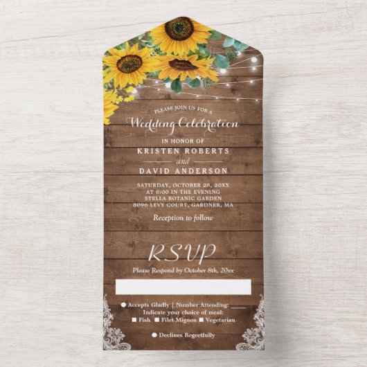 Rustic Sunflower String Lights Wedding All In One Uitnodiging (Binnen)