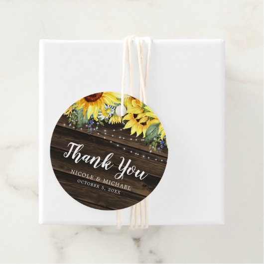 Rustic Sunflower String Lights Wedding Bedankt Bedankjes Labels (In situ)