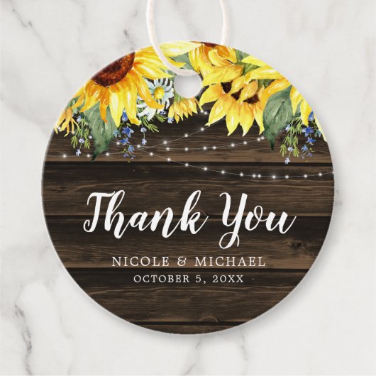 Rustic Sunflower String Lights Wedding Bedankt Bedankjes Labels (Voorkant)