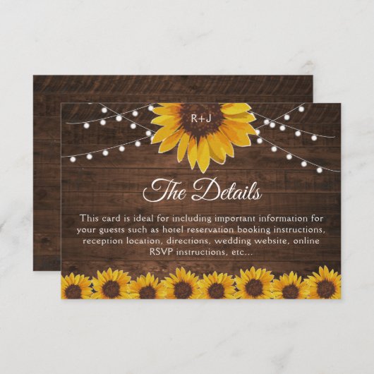 Rustic Sunflower String Lights Wedding Details Informatiekaartje (Voorkant / Achterkant)