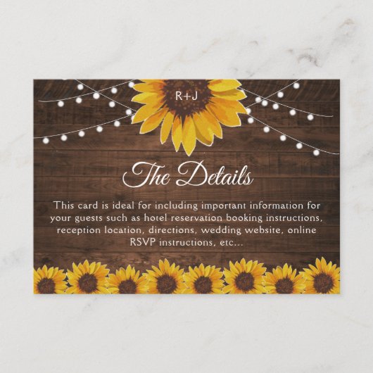 Rustic Sunflower String Lights Wedding Details Informatiekaartje (Voorkant)