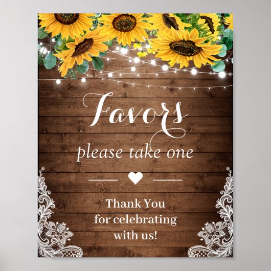 Rustic Sunflower String Lights Wedding Favors Sign Poster (Voorkant)