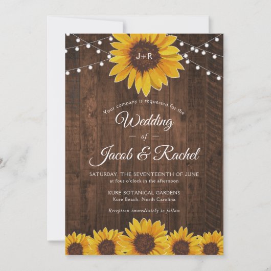 Rustic Sunflower String Lights Wedding Kaart (Voorkant)