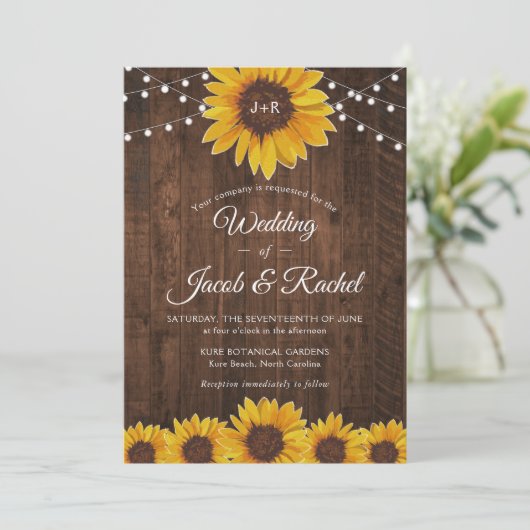 Rustic Sunflower String Lights Wedding Kaart (Staand voorkant)