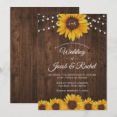 Rustic Sunflower String Lights Wedding Kaart (Voorkant / Achterkant)