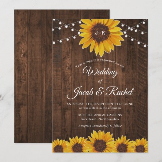 Rustic Sunflower String Lights Wedding Kaart (Voorkant / Achterkant)