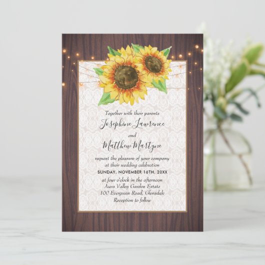 Rustic Sunflower String Lights Wedding Kaart (Staand voorkant)