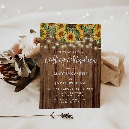Rustic Sunflower String Lights Wedding Kaart