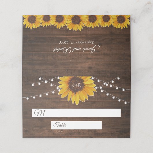 Rustic Sunflower String Lights Wedding Plaatskaartje (Buitenkant ongevouwen)