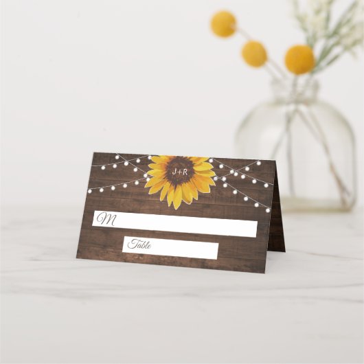 Rustic Sunflower String Lights Wedding Plaatskaartje (Voorkant)