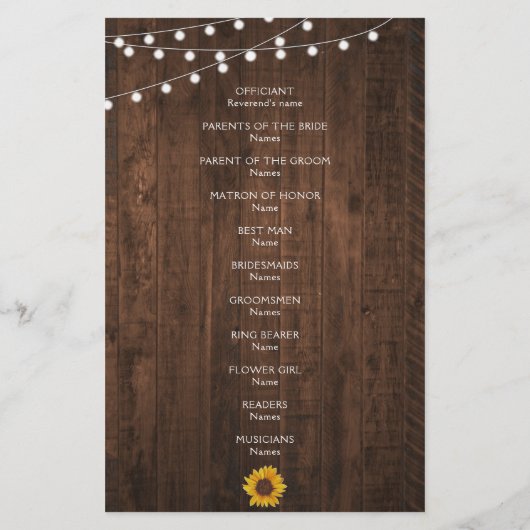 Rustic Sunflower String Lights Wedding Programme (Achterkant)