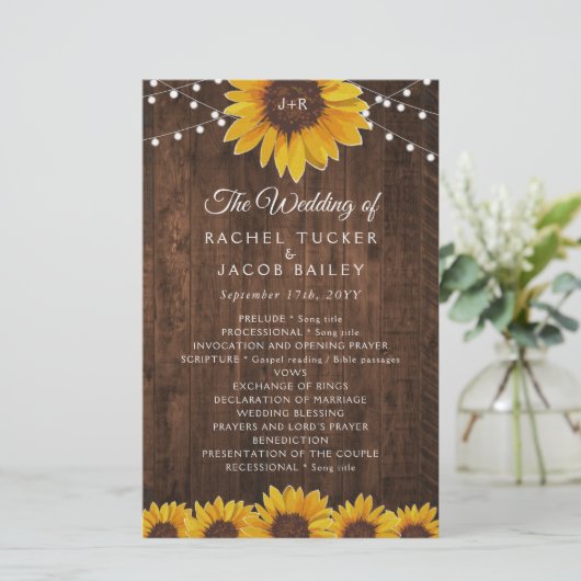 Rustic Sunflower String Lights Wedding Programme (Staand voorkant)