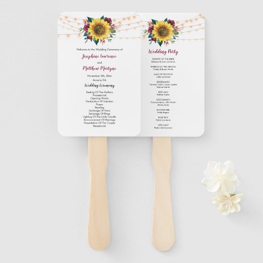 Rustic Sunflower String Lights Wedding Programme Handwaaier (Voorkant en achterkant)
