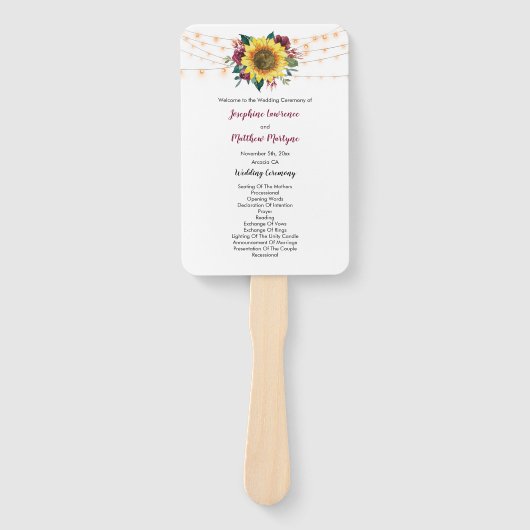 Rustic Sunflower String Lights Wedding Programme Handwaaier (Voorkant)
