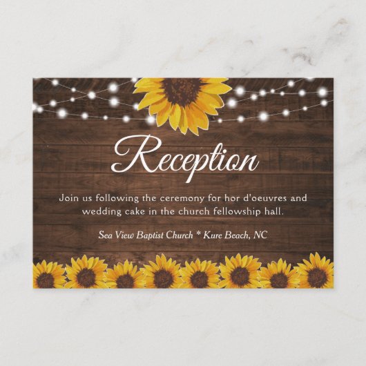 Rustic Sunflower String Lights Wedding Reception Informatiekaartje (Voorkant)