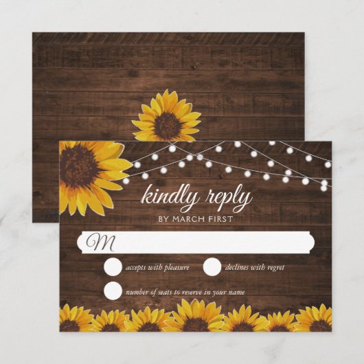 Rustic Sunflower String Lights Wedding Reply RSVP Kaartje (Voorkant / Achterkant)