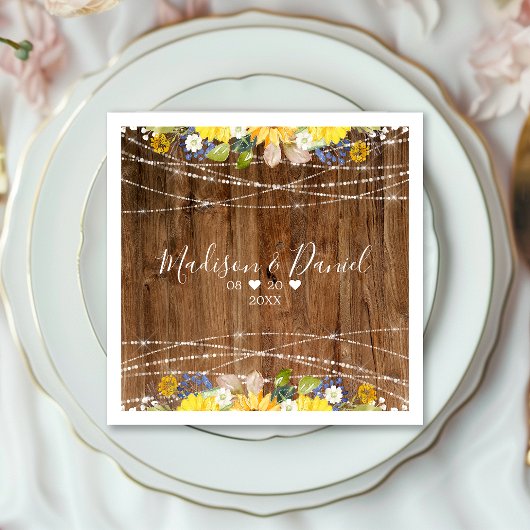 Rustic Sunflower String Lights Wedding Servet