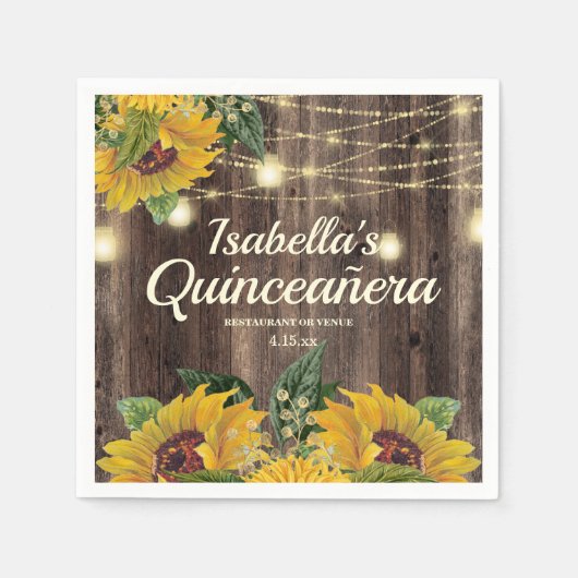 Rustic Sunflower String Lights Wood Quinceañera Servet (Voorkant)