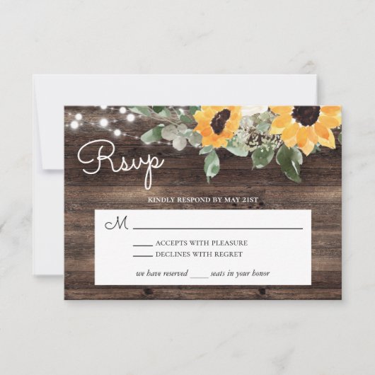 Rustic Sunflower String Lights Wood RSVP Kaartje (Voorkant)