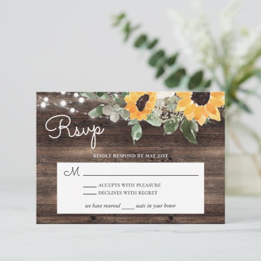 Rustic Sunflower String Lights Wood RSVP Kaartje (Staand voorkant)