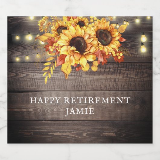 Rustic Sunflower String Lights Wood Sparkling Wijnetiket (Enkel label)