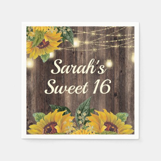 Rustic Sunflower String Lights Wood Sweet 16 Servet (Voorkant)