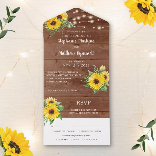 Rustic Sunflower String Lights Wood Wedding All In One Uitnodiging