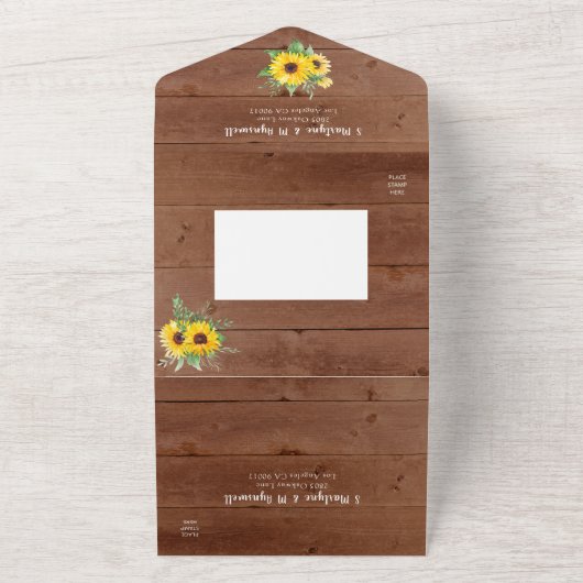 Rustic Sunflower String Lights Wood Wedding All In One Uitnodiging (Buitenkant)