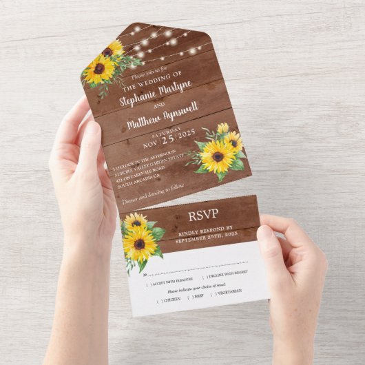 Rustic Sunflower String Lights Wood Wedding All In One Uitnodiging (Afscheurbaar)