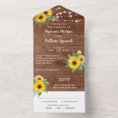 Rustic Sunflower String Lights Wood Wedding All In One Uitnodiging (Binnen)
