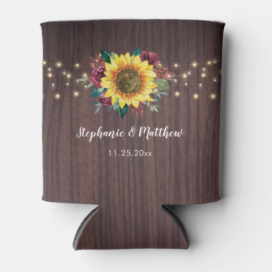 Rustic Sunflower String Lights Wood Wedding Blikjeskoeler (Voorkant)