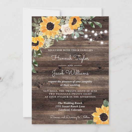 Rustic Sunflower String Lights Wood Wedding Kaart (Voorkant)